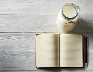 Open notebook and jar of milk on white wooden table 