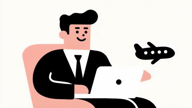 An illustration depicts a business professional planning a trip, a laptop and plane communicate the message of travel and business.