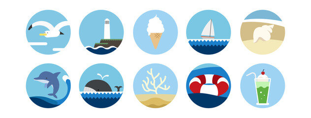 Seaside and Summer Icon Set Featuring Marine Animals, Beach Items, and Refreshing Treats in Circular Vector Design
海の動物、ビーチアイテム、夏のスイーツを描いた円形ベクターで構成された海辺と夏のアイコンセット