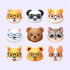 Animal faces with glasses icon set showing cool and nerdy expressions in colorful cartoon style