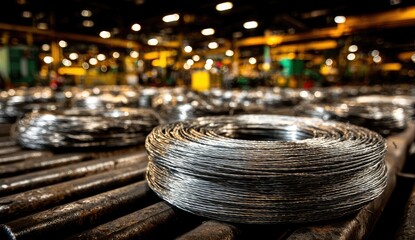 Rolled metal wire coils on a factory floor