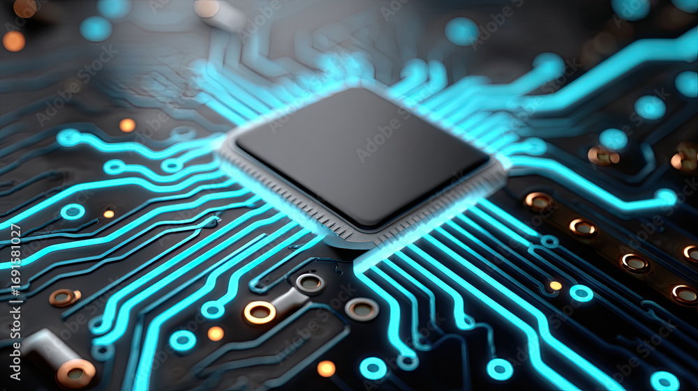 Poster closeup of glowing circuit board with blue neon lines highlighting microchip connections in futurist