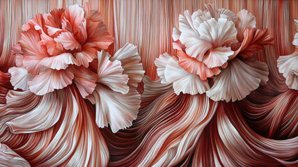 Blooming carnations with soft petals shades of coral and white create delicate and elegant floral display with flowing texture