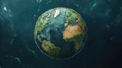 Concept illustration of Earth powered entirely by nature with continents and ocean in hand drawn style, peaceful and inspiring