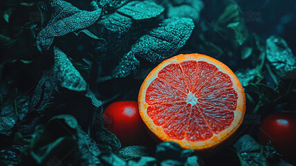 Closeup image of vitamin rich food arranged stylish with fresh blood orange slice and dark green leafy vegetables creating