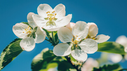 White flower blossom with green leaf and blue sky background, fresh spring nature scene with delicate petals and yellow stamens