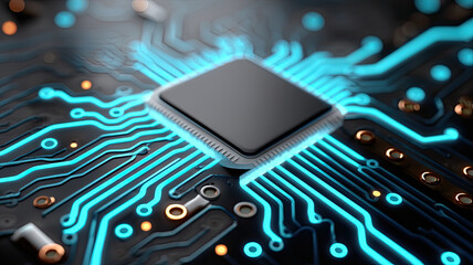 Closeup of glowing circuit board with blue neon lines highlighting microchip connections in futuristic technology design