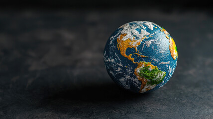 Miniature globe model showing continents and ocean details on dark textured surface, evoking global awareness