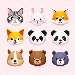 Cute animal faces icon set with cat, rabbit, fox, dog, panda, and bear, colorful and cheerful cartoon style illustration
