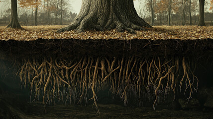 Tree root system underground with autumn forest landscape above ground showing natural connection and earth concept