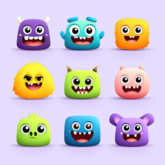 Cute monster cartoon icon set with funny faces and colorful expressions on purple background