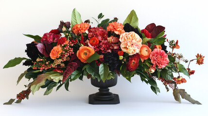 Autumn floral arrangement with vibrant orange and red flowers and lush green leaves in black vase, bright and elegant