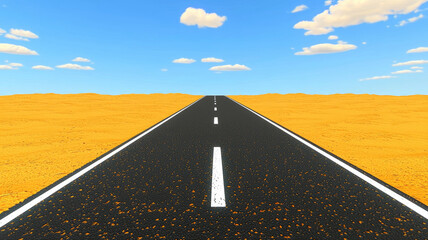 Empty road through desert minimal landscape concept with bright blue sky and scattered clouds