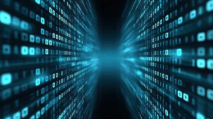 Futuristic blue digital data stream with glowing binary code creating tunnel effect in dark space