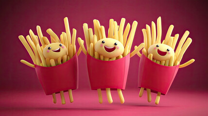 Happy french fries character with smiling face jumping in red container on pink background