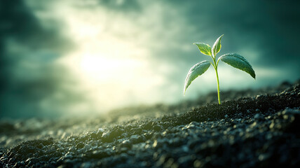 Young green plant sprouting from fertile soil with morning light shining through cloudy sky, symbolizing growth and hope