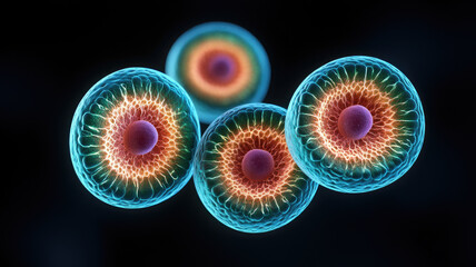 Holographic microscope view of cells with health and vibrant colors showing detailed cell structure and nucleus