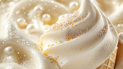 Soft swirl ice cream cone with colorful sprinkle topping and creamy texture in close up view