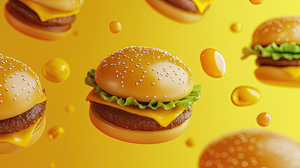 Highgloss cheeseburger with lettuce and sesame seed bun floating in vibrant yellow background with glossy droplets