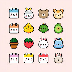 Kawaii calendar month icon set with cute animal and fruit faces, colorful and playful design for each month