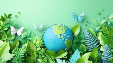 Earth globe surrounded by green leaves and colorful butterflies symbolizing nature and environmental protection