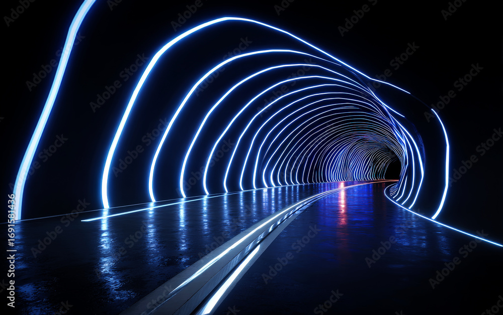 Poster colorful illuminated tunnel with curved light patterns
