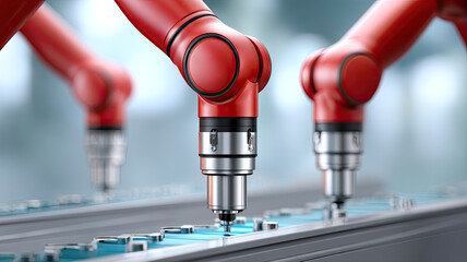 Smart industrial automation with robotic arms in modern factory producing electronic components with precision and efficiency