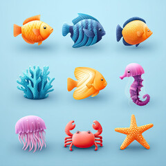Colorful fish seahorse crab jellyfish starfish and coral underwater icons with vibrant details and playful expressions