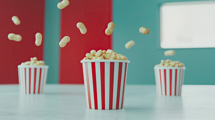 Popcorn bucket with floating popcorn pieces in colorful room creating playful and surreal snack scene