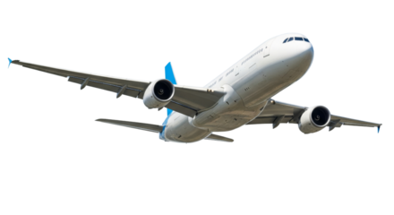 A passenger airplane, in a dynamic flight pose, isolated on a white background