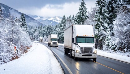 Convoy of Semi Trucks on Snowy Mountain Pass