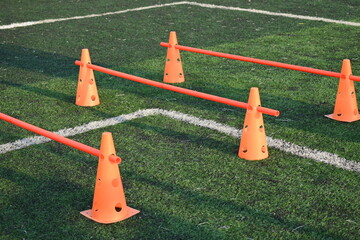 equipment of football on green grass background, object of sport