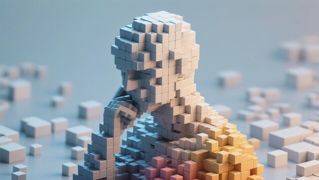 Abstract Voxel Art Human Figure in Thoughtful Pose 3D Render Digital Art Illustration Cube Design