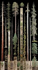 Vertical composition shows a variety of trees, with some showing roots, trunks, and crowns, against a black background