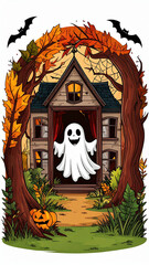 Halloween ghost in haunted house with autumn leaves and bats flying around spooky pumpkin on ground