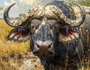 Naklejka premium Close-up of a mud-covered buffalo
