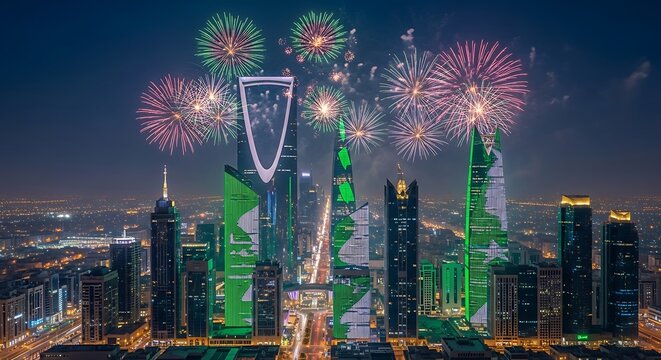 Riyadh's Skyline Celebrates with Fireworks and Green Illumination, Saudi Arabia National Day
