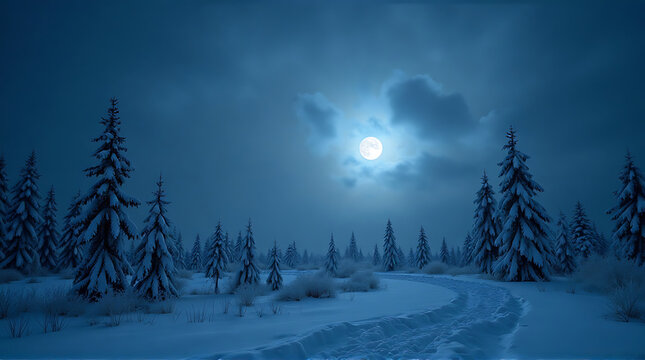 Enchanting winter landscape with a full moon illuminating a snowy forest path