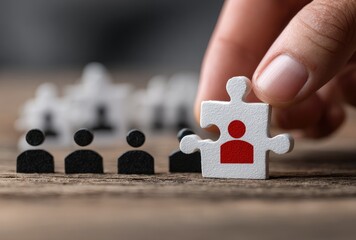 A person's hand places a jigsaw piece with a red figure among dark figures, on a wood surface, out-of-focus figures blurred in the background