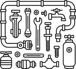 Obraz premium Plumbing Tools and Fixtures – Minimal Line Art Icons