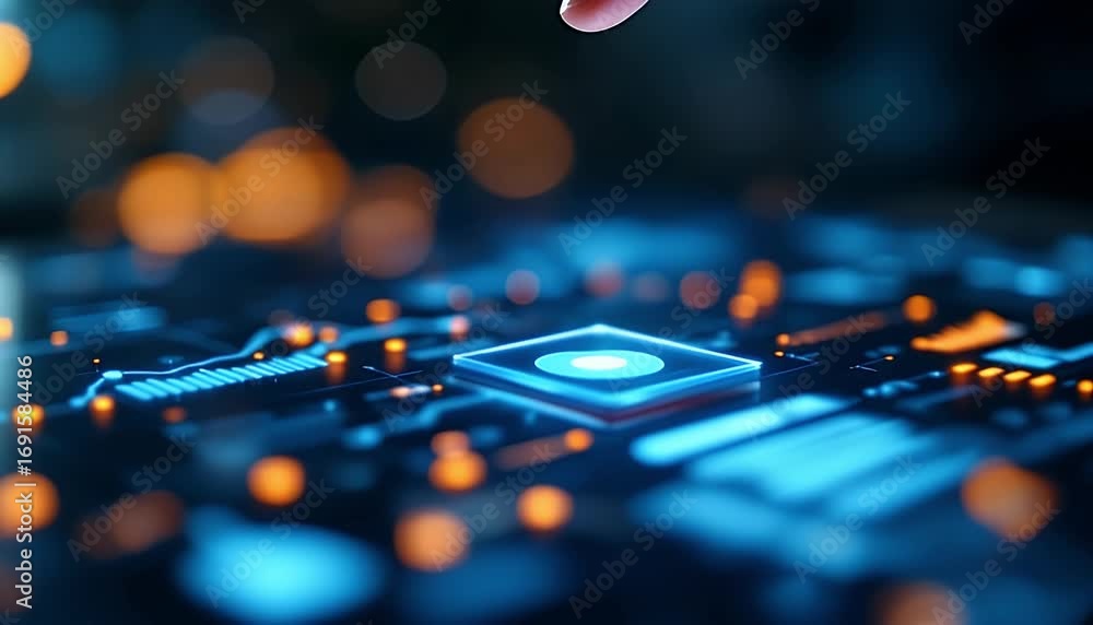 Poster close-up of finger pressing a glowing cpu, initiating a digital process on a high-tech circuit board
