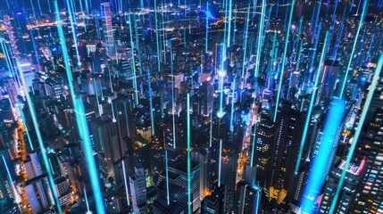 Futuristic Cityscape Night Scene with Neon Lights and Vertical Light Beams