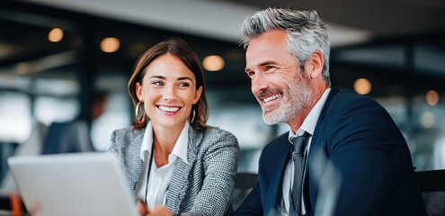 Two smiling colleagues, a younger woman and an older man, look at a laptop in a bright office space. They appear engaged and positive
