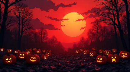 Spooky Halloween Night: A forest filled with pumpkins under a red sky