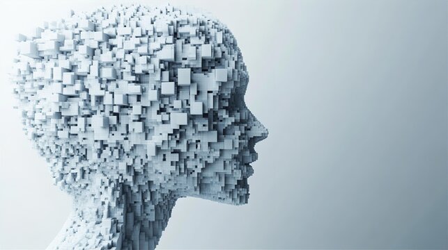 Abstract 3D Head Sculpted from Data Cubes Digital Art Futuristic AI Technology Concept  Modern Minimalist Style - Powered by Adobe