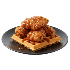 Crispy fried chicken stacked on a buttery waffle isolated on white background
