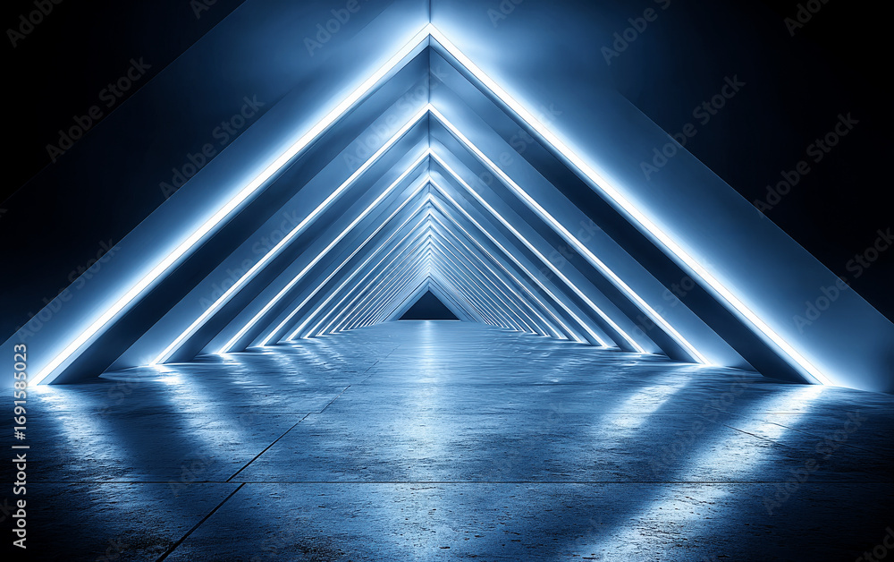 Poster blue neon triangular light tunnel creating a futuristic and sleek appearance