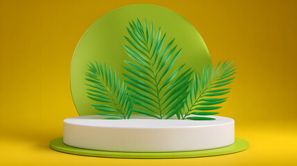 Fototapeta premium Green background podium with palm leaves display