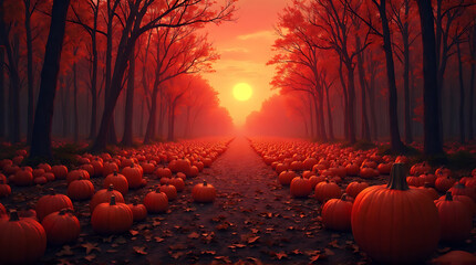 Autumnal pumpkin path at sunset lined with fiery red trees and fallen leaves
