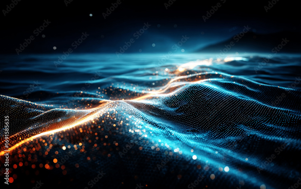 Poster abstract digital waves with glowing lines and sparkling particles